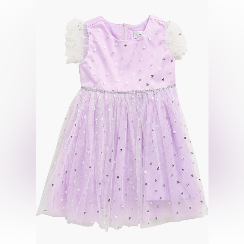 GIRLS FOIL DOT TULLE DRESS WITH RUFFLE DETAIL SLEEVES
